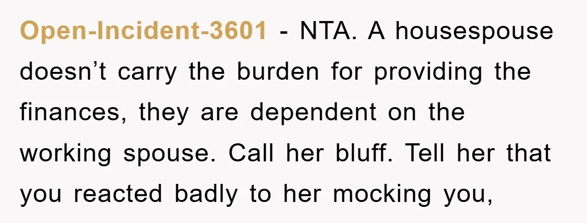 Open-Incident-3601 − NTA. A housespouse doesn’t carry the burden for providing the finances, they are dependent on the working spouse. Call her bluff. Tell her that you reacted badly to...
