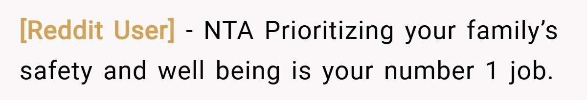 [Reddit User] − NTA Prioritizing your family’s safety and well being is your number 1 job.