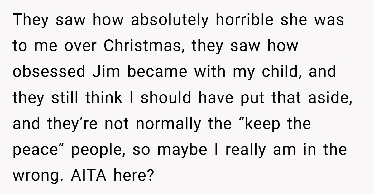 They saw how absolutely horrible she was to me over Christmas, they saw how obsessed Jim became with my child, and they still think I should have put that aside,...