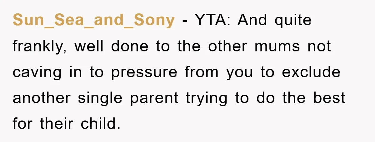 Sun_Sea_and_Sony − YTA: And quite frankly, well done to the other mums not caving in to pressure from you to exclude another single parent trying to do the best for...