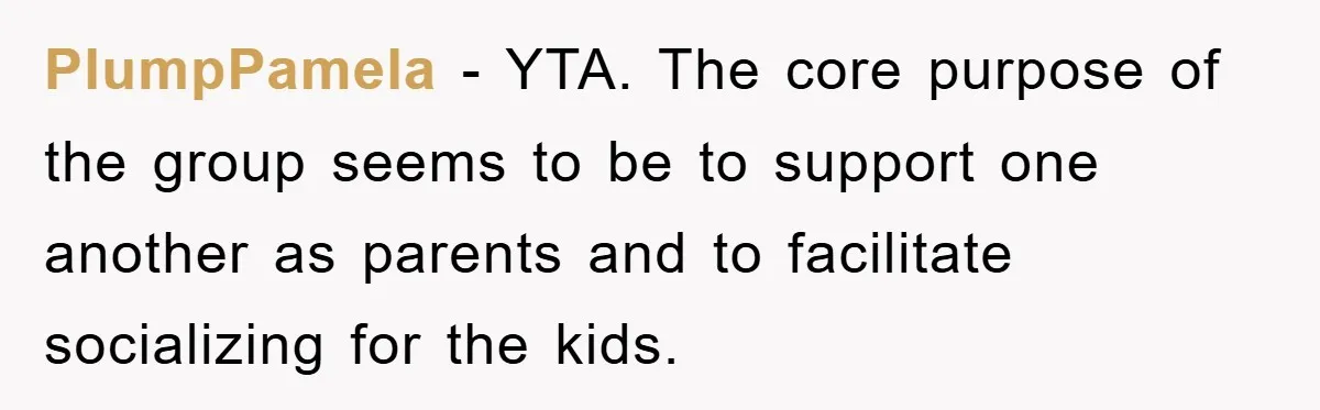 PlumpPamela − YTA. The core purpose of the group seems to be to support one another as parents and to facilitate socializing for the kids.