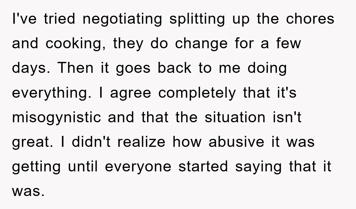 I've tried negotiating splitting up the chores and cooking, they do change for a few days. Then it goes back to me doing everything. I agree completely that it's misogynistic...