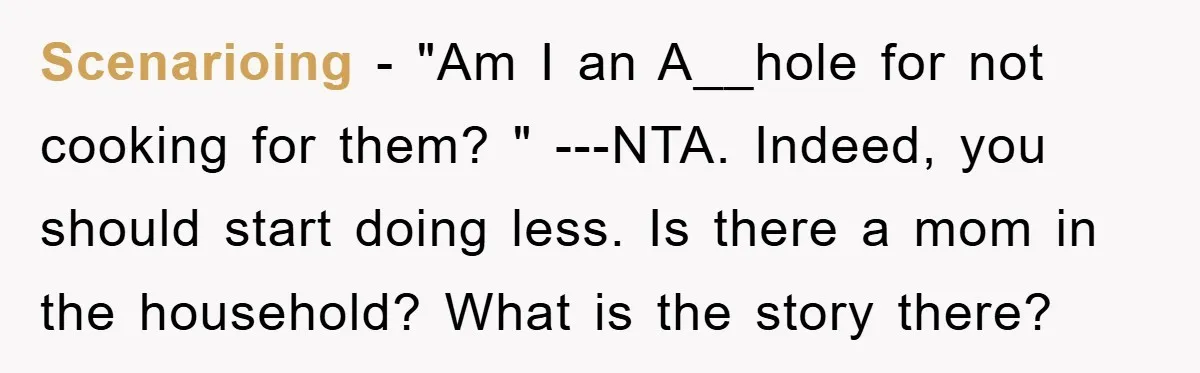Scenarioing − "Am I an A__hole for not cooking for them? " ---NTA. Indeed, you should start doing less. Is there a mom in the household? What is the story...
