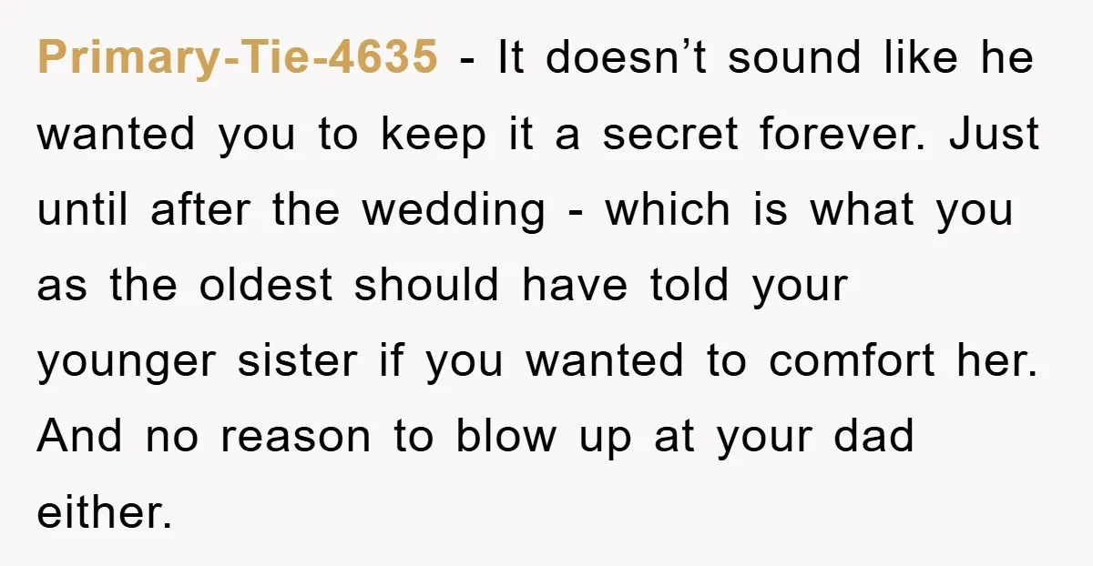 Primary-Tie-4635 − It doesn’t sound like he wanted you to keep it a secret forever. Just until after the wedding - which is what you as the oldest should have...