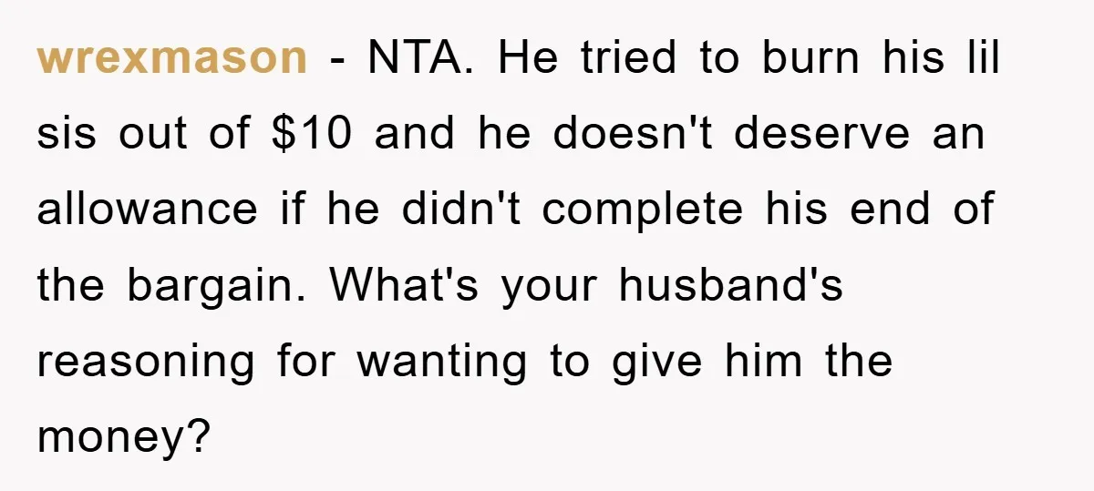 wrexmason − NTA. He tried to burn his lil sis out of $10 and he doesn't deserve an allowance if he didn't complete his end of the bargain. What's your...