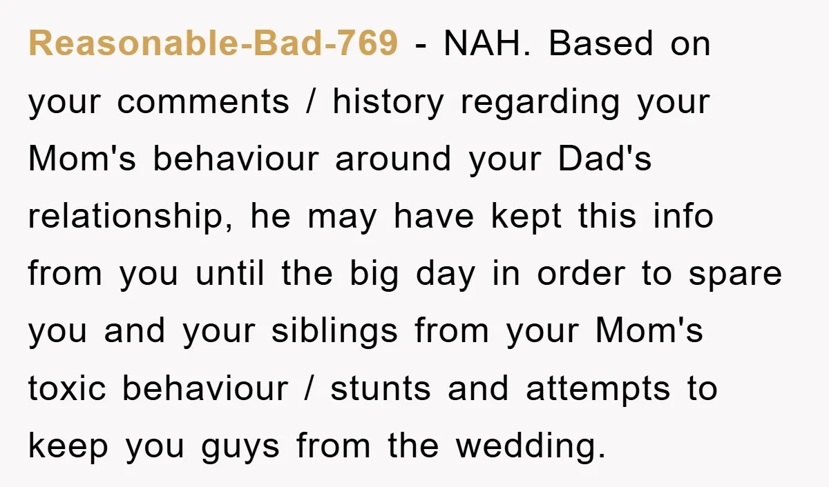 Reasonable-Bad-769 − NAH. Based on your comments / history regarding your Mom's behaviour around your Dad's relationship, he may have kept this info from you until the big day in...