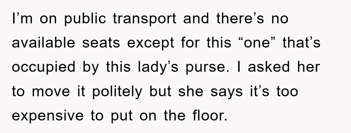 I’m on public transport and there’s no available seats except for this “one” that’s occupied by this lady’s purse. I asked her to move it politely but she says it’s...