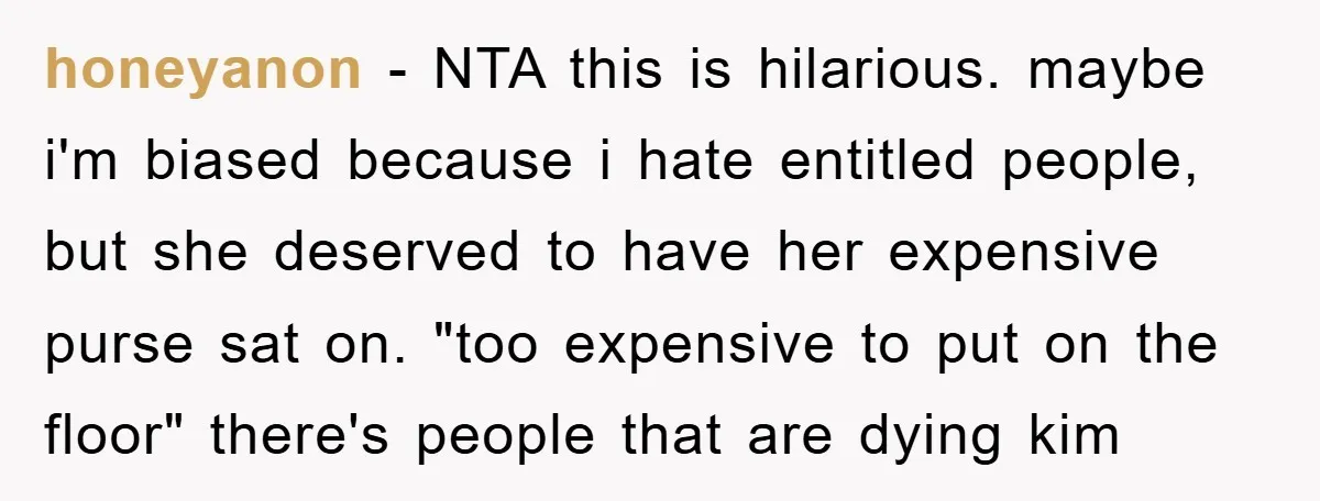 honeyanon − NTA this is hilarious. maybe i'm biased because i hate entitled people, but she deserved to have her expensive purse sat on. "too expensive to put on the...