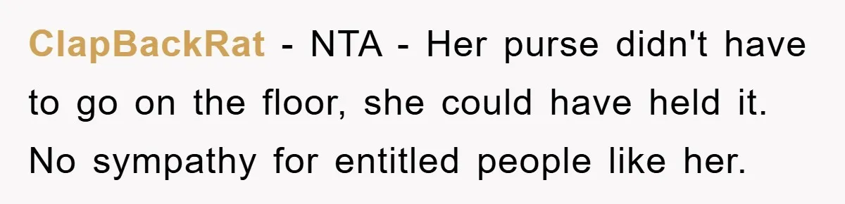 ClapBackRat − NTA - Her purse didn't have to go on the floor, she could have held it. No sympathy for entitled people like her.
