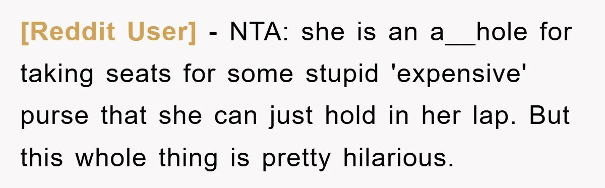 [Reddit User] − NTA: she is an a__hole for taking seats for some stupid 'expensive' purse that she can just hold in her lap. But this whole thing is pretty...