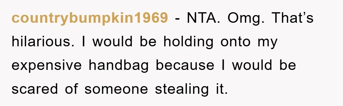 countrybumpkin1969 − NTA. Omg. That’s hilarious. I would be holding onto my expensive handbag because I would be scared of someone stealing it.