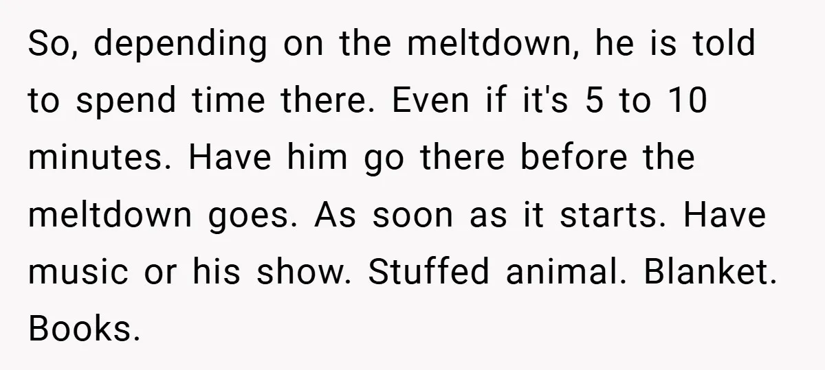 So, depending on the meltdown, he is told to spend time there. Even if it's 5 to 10 minutes. Have him go there before the meltdown goes. As soon as...