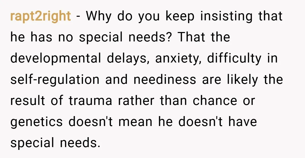 rapt2right − Why do you keep insisting that he has no special needs? That the developmental delays, anxiety, difficulty in self-regulation and neediness are likely the result of trauma rather...