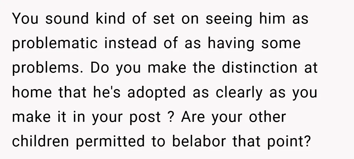 You sound kind of set on seeing him as problematic instead of as having some problems. Do you make the distinction at home that he's adopted as clearly as you...