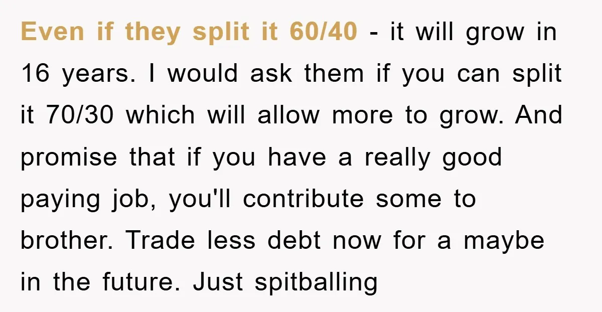 Even if they split it 60/40 - it will grow in 16 years. I would ask them if you can split it 70/30 which will allow more to grow. And...
