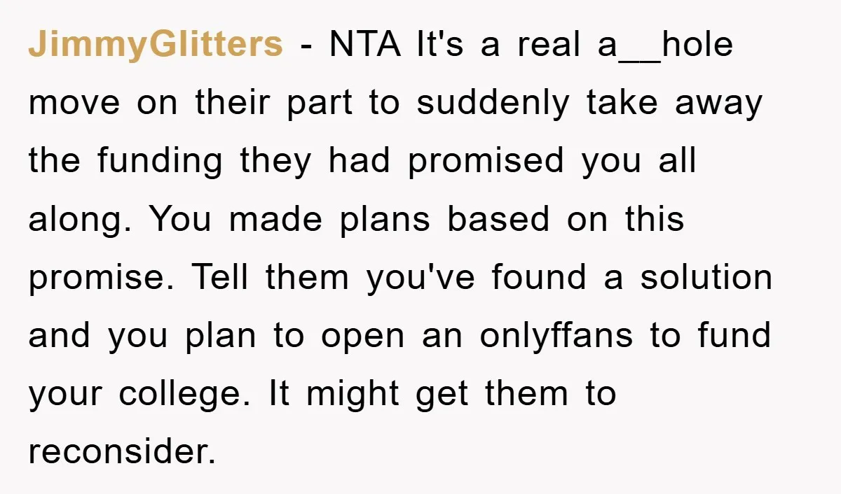 JimmyGlitters − NTA It's a real a__hole move on their part to suddenly take away the funding they had promised you all along. You made plans based on this promise....