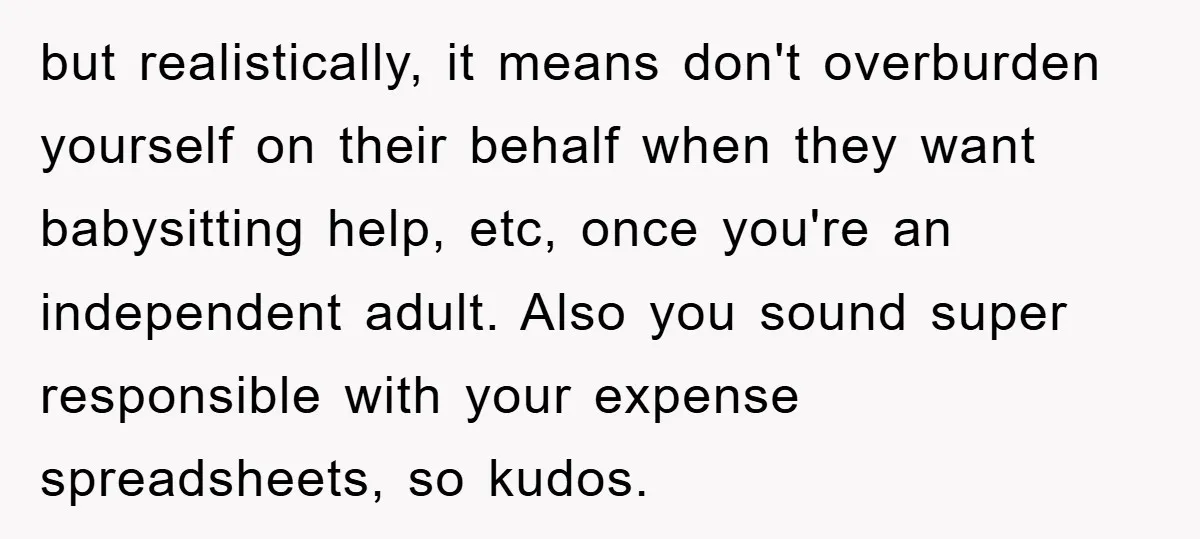 but realistically, it means don't overburden yourself on their behalf when they want babysitting help, etc, once you're an independent adult. Also you sound super responsible with your expense spreadsheets,...