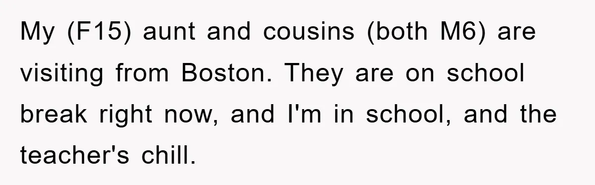 My (F15) aunt and cousins (both M6) are visiting from Boston. They are on school break right now, and I'm in school, and the teacher's chill.
