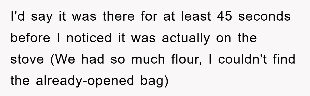 I'd say it was there for at least 45 seconds before I noticed it was actually on the stove (We had so much flour, I couldn't find the already-opened bag)