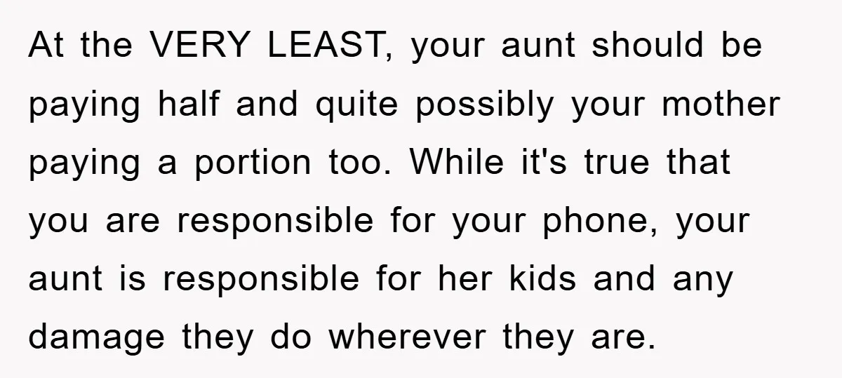 At the VERY LEAST, your aunt should be paying half and quite possibly your mother paying a portion too. While it's true that you are responsible for your phone, your...