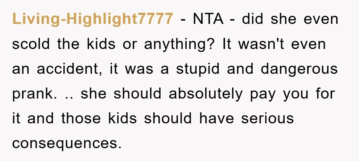 Living-Highlight7777 − NTA - did she even scold the kids or anything? It wasn't even an accident, it was a stupid and dangerous prank. .. she should absolutely pay you...