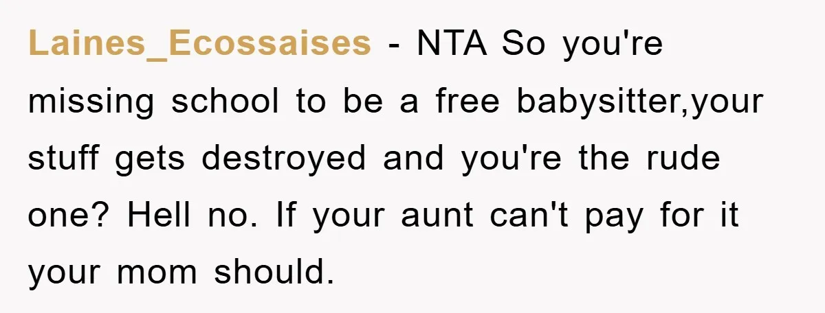 Laines_Ecossaises − NTA So you're missing school to be a free babysitter,your stuff gets destroyed and you're the rude one? Hell no. If your aunt can't pay for it your...