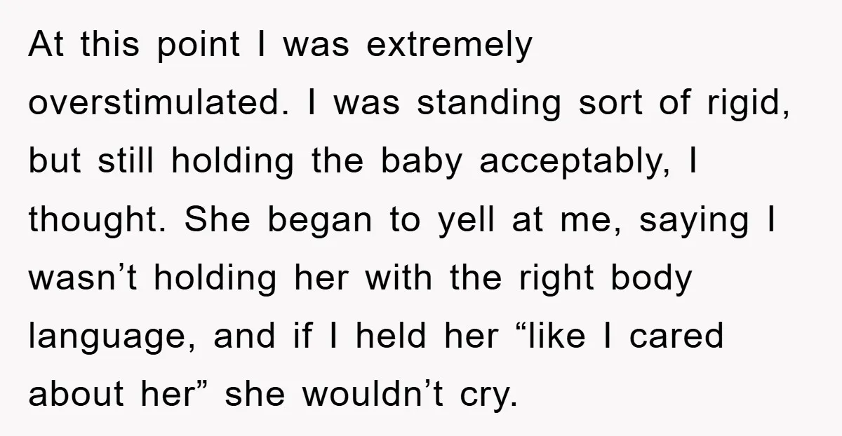 At this point I was extremely overstimulated. I was standing sort of rigid, but still holding the baby acceptably, I thought. She began to yell at me, saying I wasn’t...
