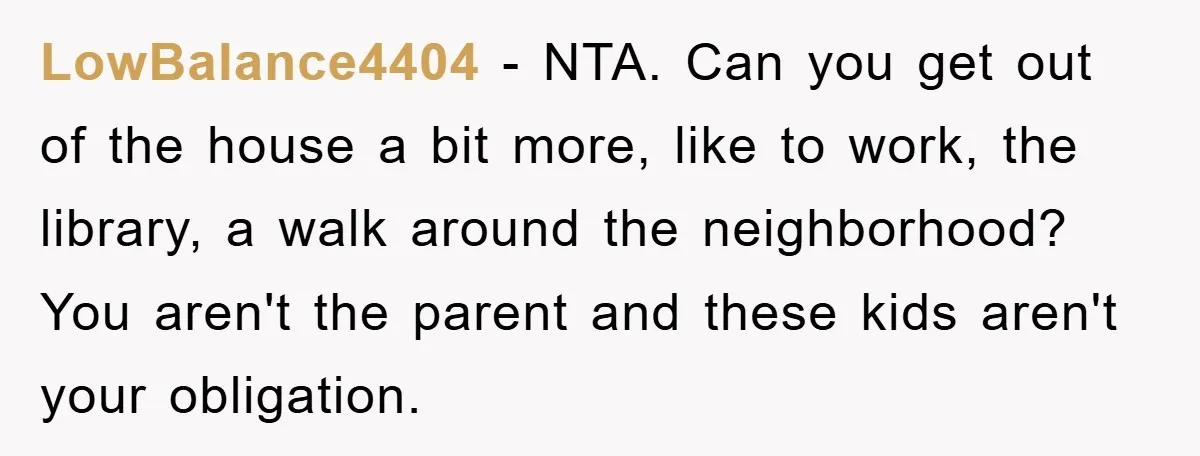 LowBalance4404 − NTA. Can you get out of the house a bit more, like to work, the library, a walk around the neighborhood? You aren't the parent and these kids...