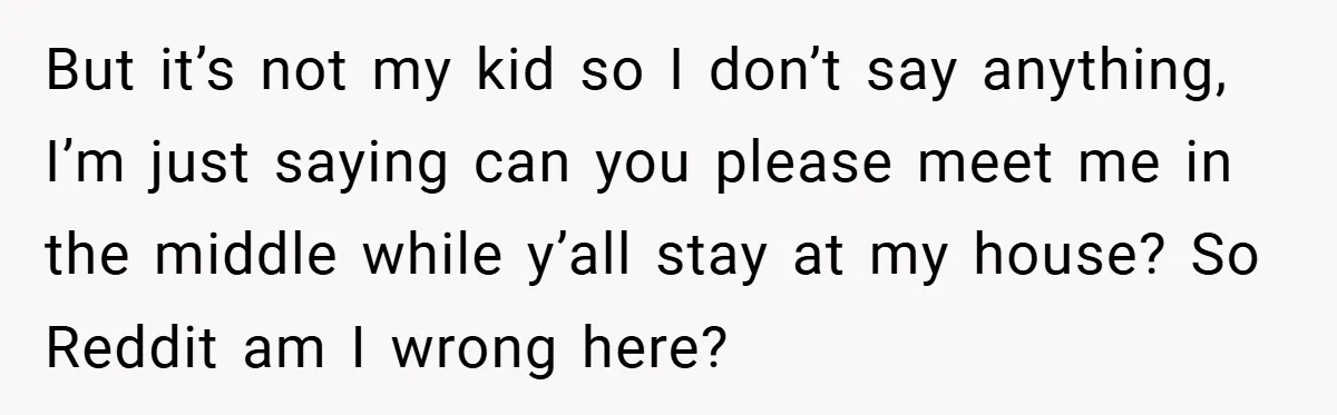 But it’s not my kid so I don’t say anything, I’m just saying can you please meet me in the middle while y’all stay at my house? So Reddit am...
