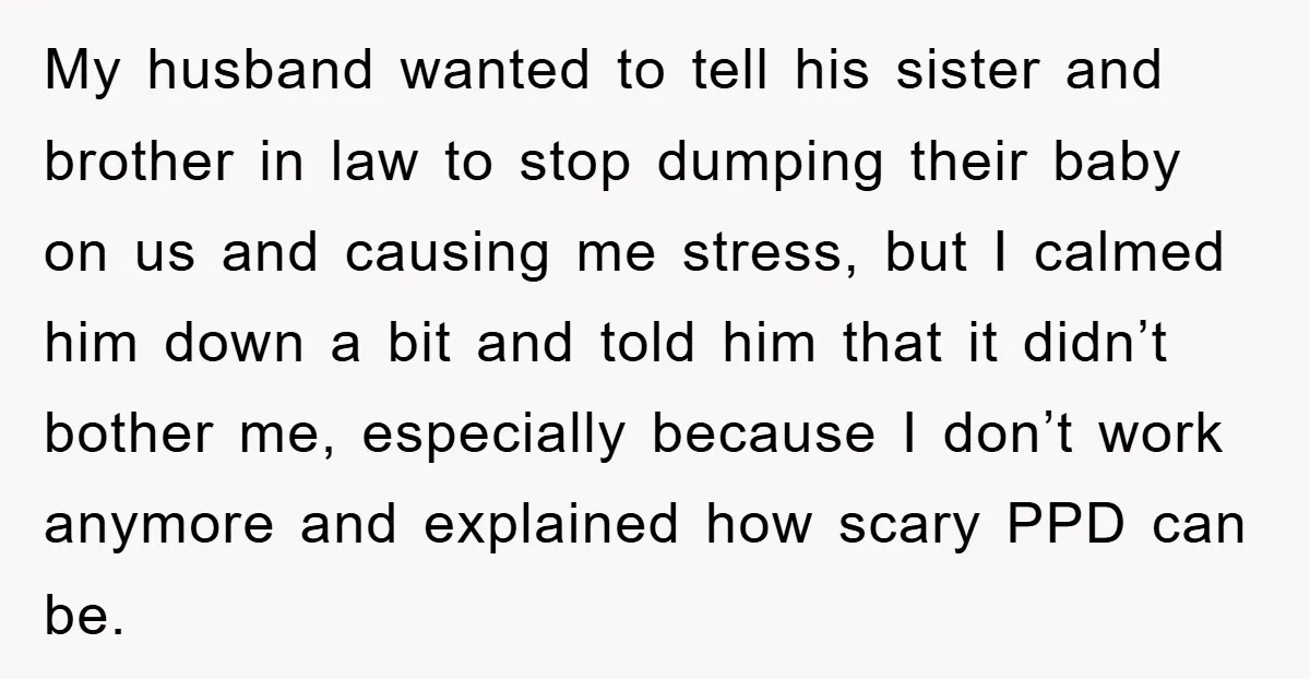 My husband wanted to tell his sister and brother in law to stop dumping their baby on us and causing me stress, but I calmed him down a bit and...