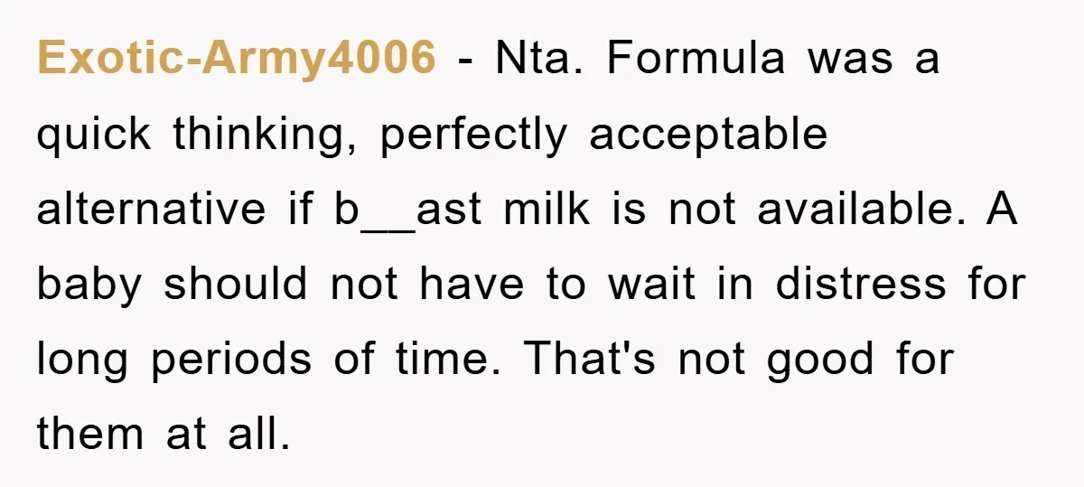 Exotic-Army4006 − Nta. Formula was a quick thinking, perfectly acceptable alternative if b__ast milk is not available. A baby should not have to wait in distress for long periods of...