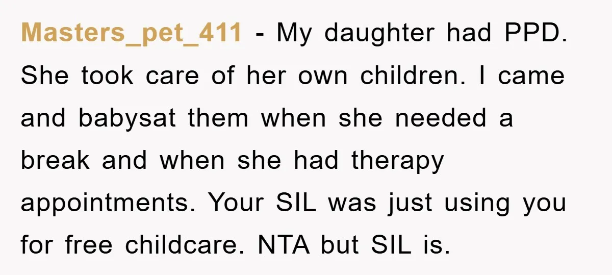 Masters_pet_411 − My daughter had PPD. She took care of her own children. I came and babysat them when she needed a break and when she had therapy appointments. Your...