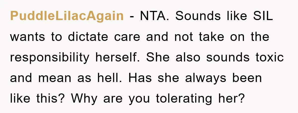 PuddleLilacAgain − NTA. Sounds like SIL wants to dictate care and not take on the responsibility herself. She also sounds toxic and mean as hell. Has she always been like...