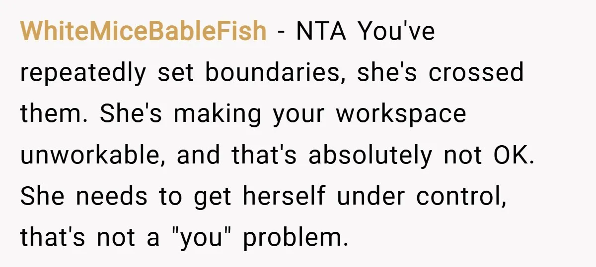 WhiteMiceBableFish − NTA You've repeatedly set boundaries, she's crossed them. She's making your workspace unworkable, and that's absolutely not OK. She needs to get herself under control, that's not a...