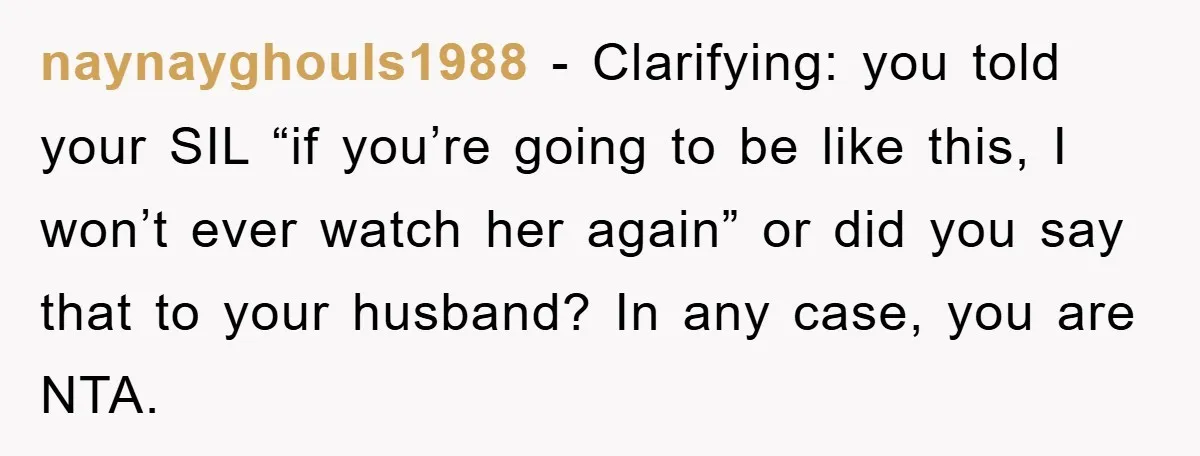 naynayghouls1988 − Clarifying: you told your SIL “if you’re going to be like this, I won’t ever watch her again” or did you say that to your husband? In any...