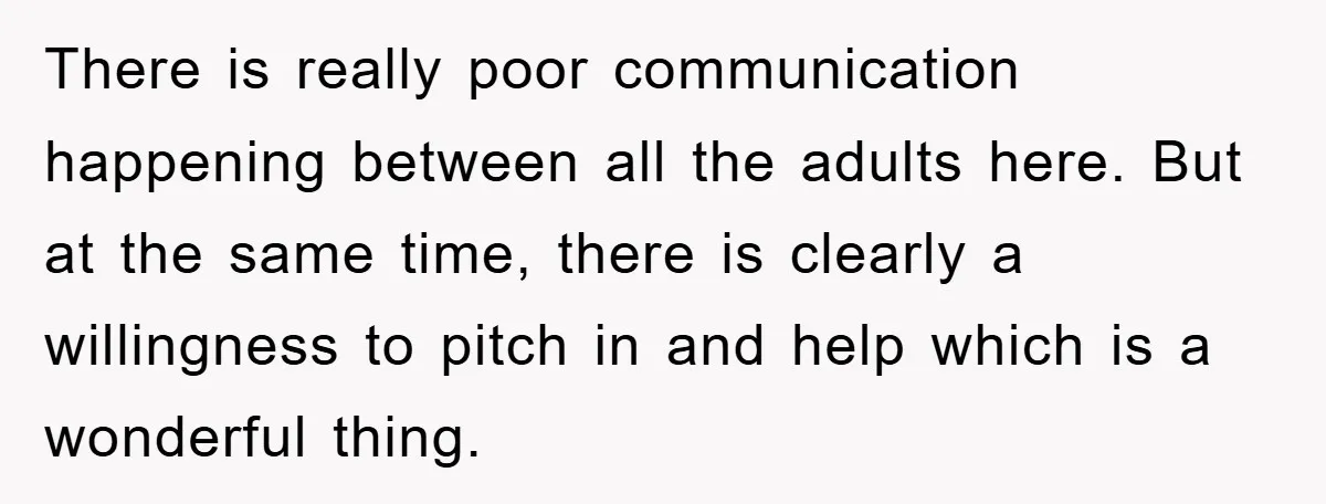 There is really poor communication happening between all the adults here. But at the same time, there is clearly a willingness to pitch in and help which is a wonderful...