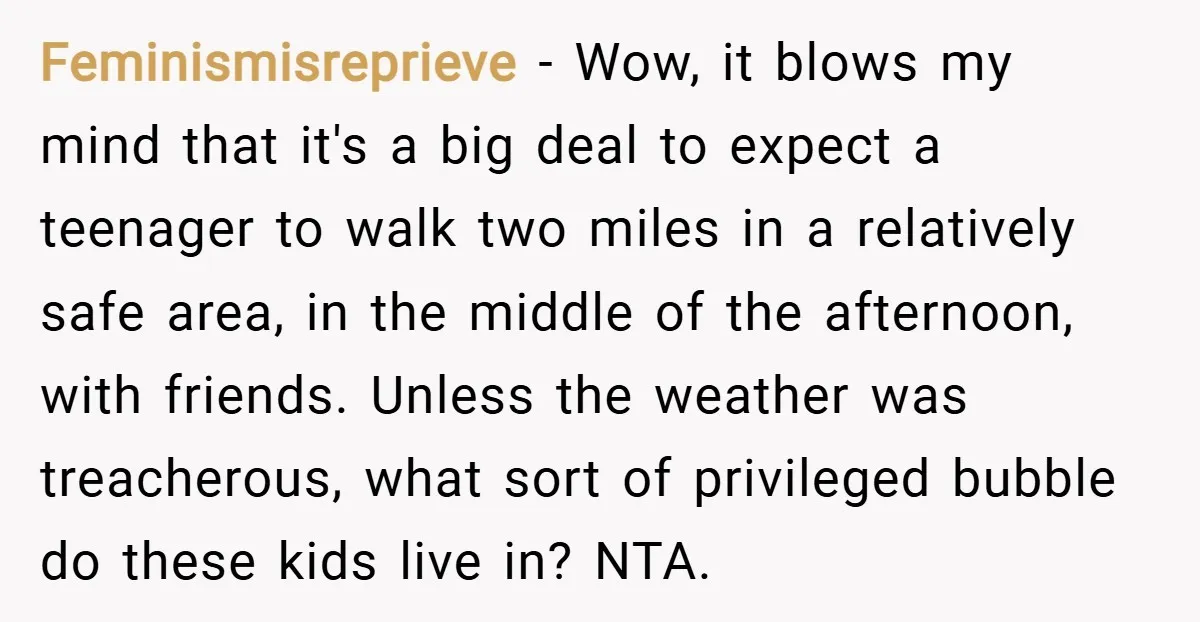Feminismisreprieve − Wow, it blows my mind that it's a big deal to expect a teenager to walk two miles in a relatively safe area, in the middle of the...