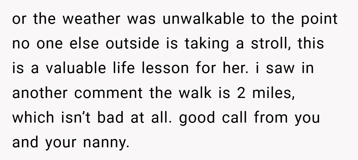 or the weather was unwalkable to the point no one else outside is taking a stroll, this is a valuable life lesson for her. i saw in another comment the...