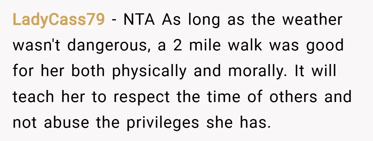 LadyCass79 − NTA As long as the weather wasn't dangerous, a 2 mile walk was good for her both physically and morally. It will teach her to respect the time...
