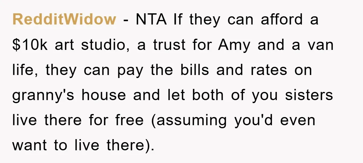 RedditWidow − NTA If they can afford a $10k art studio, a trust for Amy and a van life, they can pay the bills and rates on granny's house and...