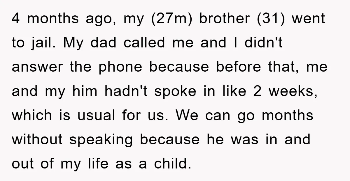 4 months ago, my (27m) brother (31) went to jail. My dad called me and I didn't answer the phone because before that, me and my him hadn't spoke in...