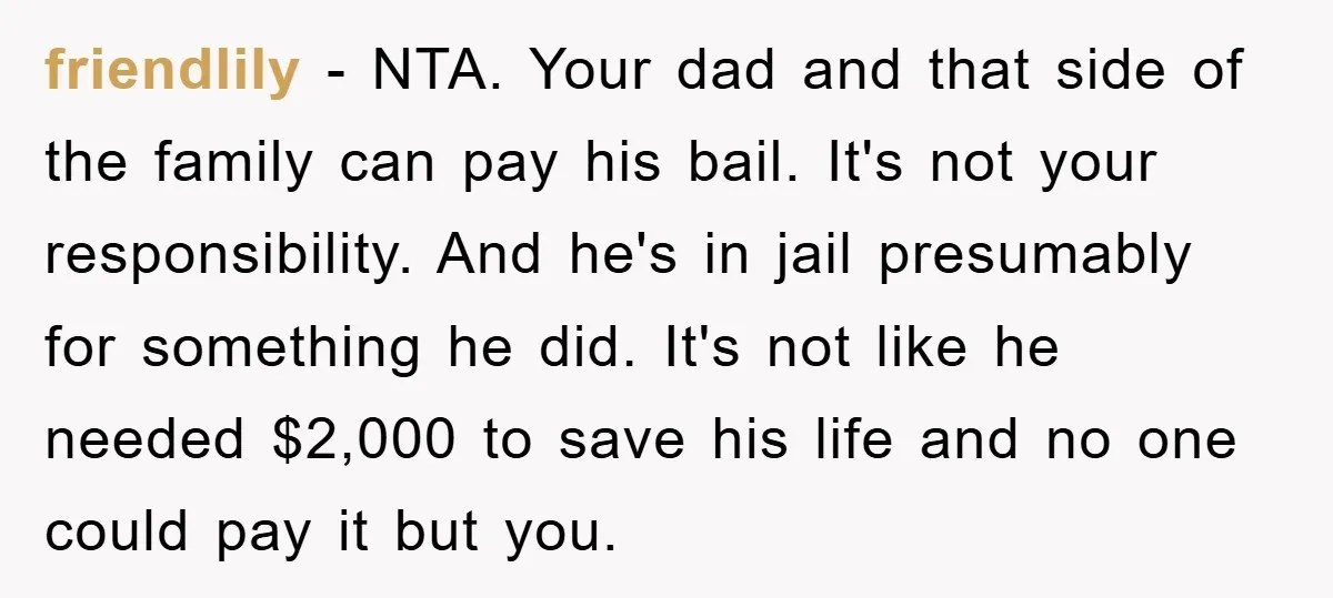 friendlily − NTA. Your dad and that side of the family can pay his bail. It's not your responsibility. And he's in jail presumably for something he did. It's not...