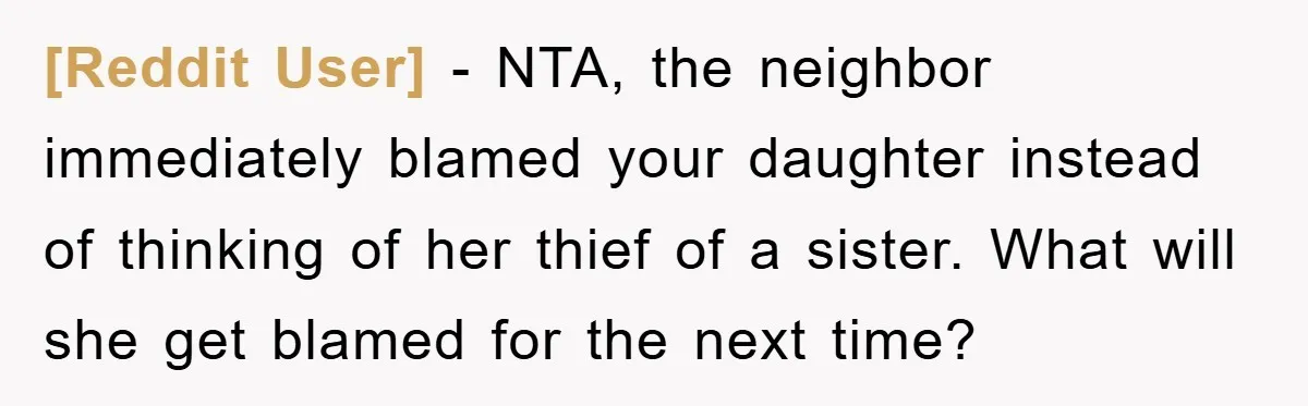 [Reddit User] − NTA, the neighbor immediately blamed your daughter instead of thinking of her thief of a sister. What will she get blamed for the next time?