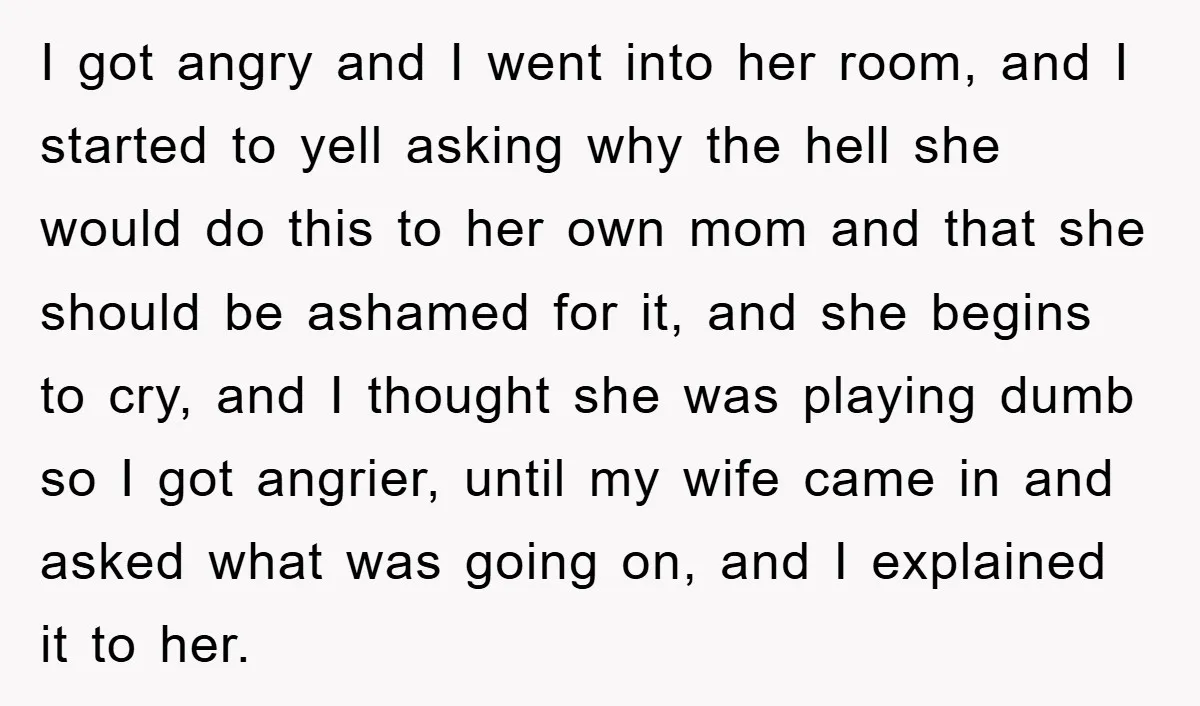 I got angry and I went into her room, and I started to yell asking why the hell she would do this to her own mom and that she should...