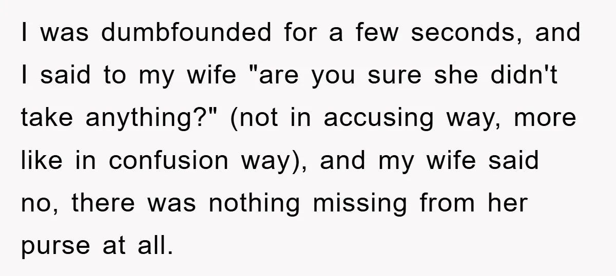 I was dumbfounded for a few seconds, and I said to my wife "are you sure she didn't take anything?" (not in accusing way, more like in confusion way), and...