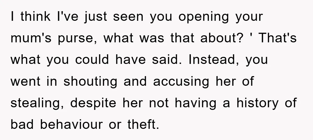 I think I've just seen you opening your mum's purse, what was that about? ' That's what you could have said. Instead, you went in shouting and accusing her of...