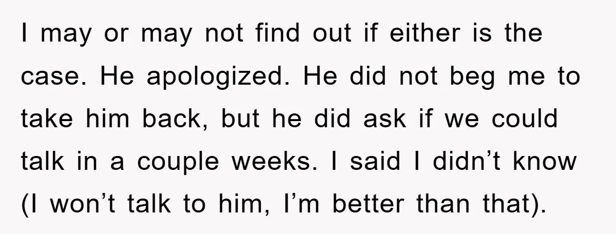 I may or may not find out if either is the case. He apologized. He did not beg me to take him back, but he did ask if we could...