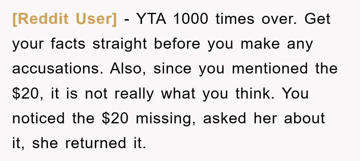 [Reddit User] − YTA 1000 times over. Get your facts straight before you make any accusations. Also, since you mentioned the $20, it is not really what you think. You...