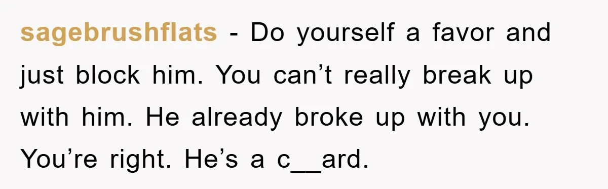 sagebrushflats − Do yourself a favor and just block him. You can’t really break up with him. He already broke up with you. You’re right. He’s a c__ard.