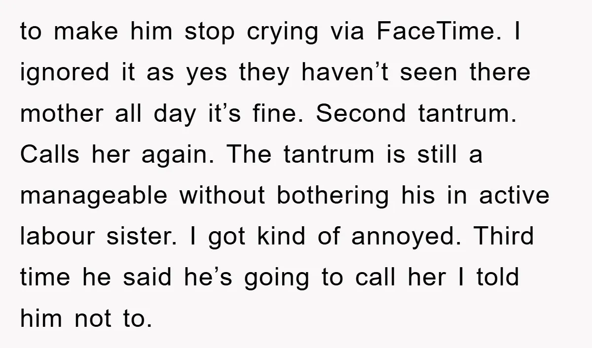 to make him stop crying via FaceTime. I ignored it as yes they haven’t seen there mother all day it’s fine. Second tantrum. Calls her again. The tantrum is still...